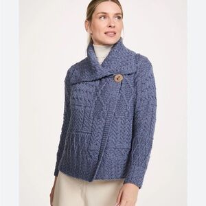 Blarney Woolen Mills Merino Patchwork Cardigan Dusty or Denim Blue. Small